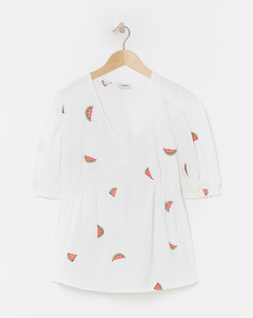 Simply Be Ivory Poplin Watermelon Embroidered Puff Sleeve Blouse