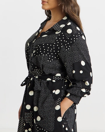 Black Spot Print Spun Viscose Belted Shirt Dress