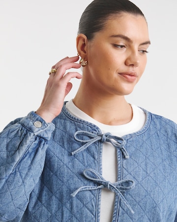 Mid Blue Quilted Tie Front Denim Jacket