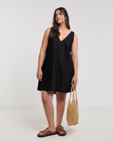 Black Textured Jersey Smock Dress With Tie Back