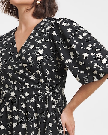 Ditsy Print Puff Sleeve Wrap Midi Dress