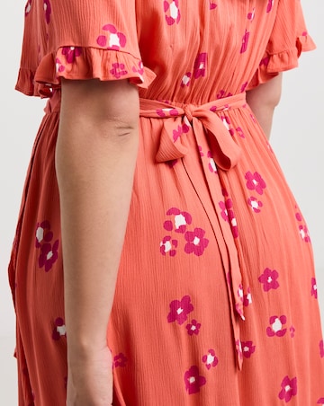 Orange Floral Print Crinkle Wrap Midi Dress