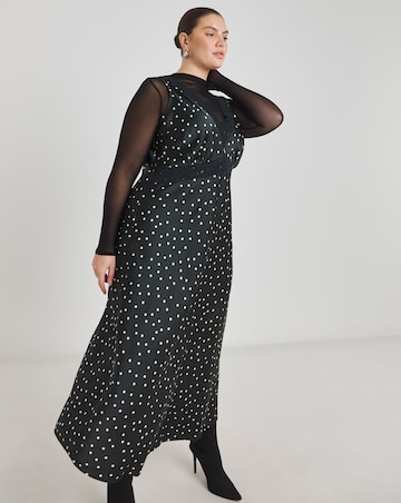 Spot Print Lace Trim Midaxi Satin Slip Dress