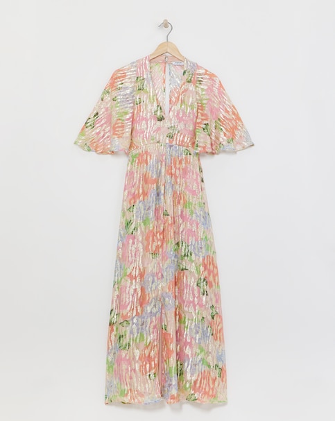 Boutique Floral Print Jacquard Cape Maxi Dress