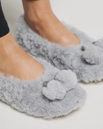 Ebony Pom Pom Ballerina Slippers - Extra Wide Fit (EEE)