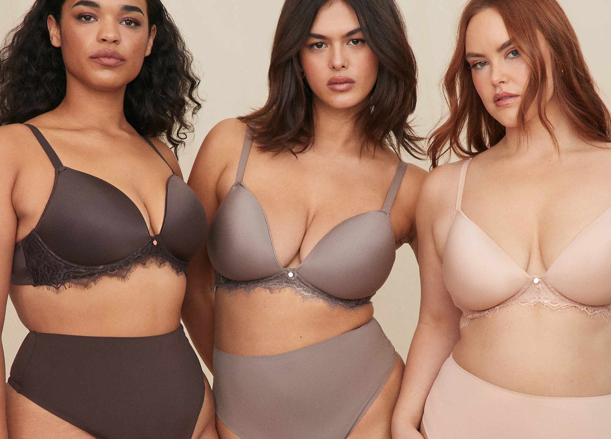 Three models wearing flesh coloured underwear