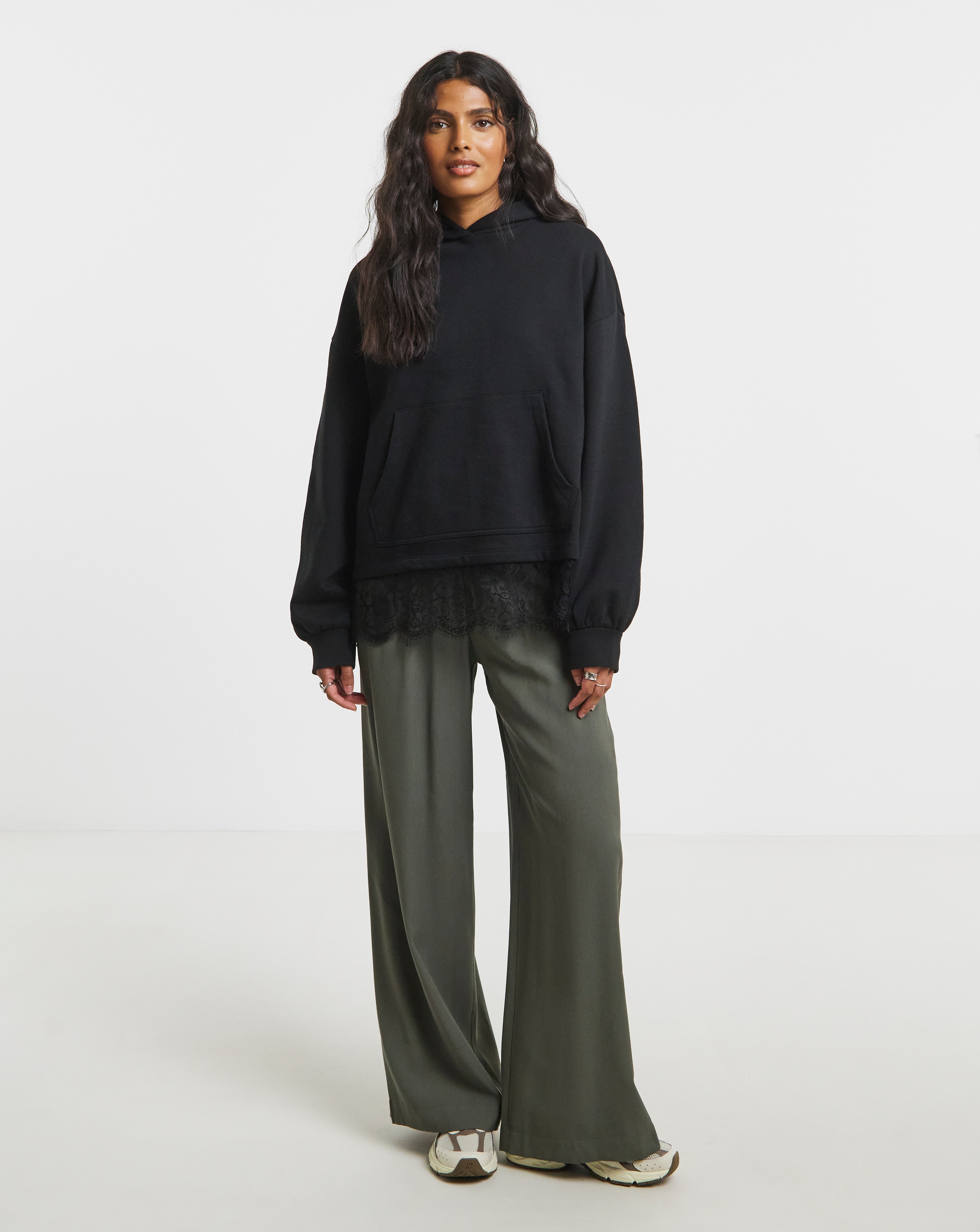 Black Eyelash Lace Trim Hoodie | Simply Be