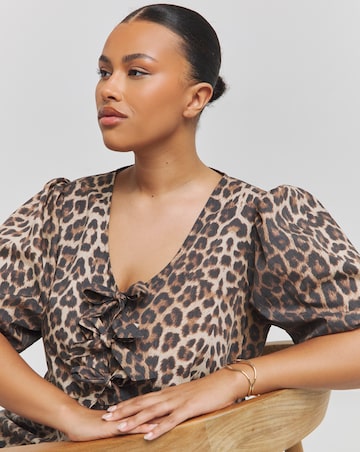 Leopard Print Bow Front Midaxi Dress With Pockets