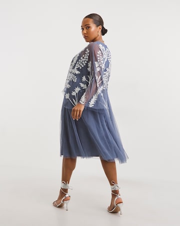 Maya Curve Cape Sleeve Floral Embellished Tulle Midi Dress