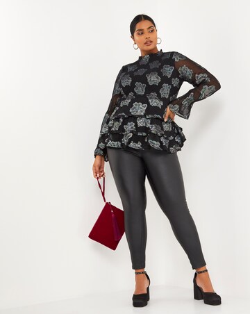 Foil Rainbow High Neck Shirred Tiered Blouse with Sheer Fluted Sleeves