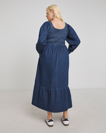 Dark Blue Denim Shirred Maxi Smock Dress