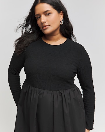 Black Long Sleeve Jersey Poplin Mix Puffball Dress With Pockets