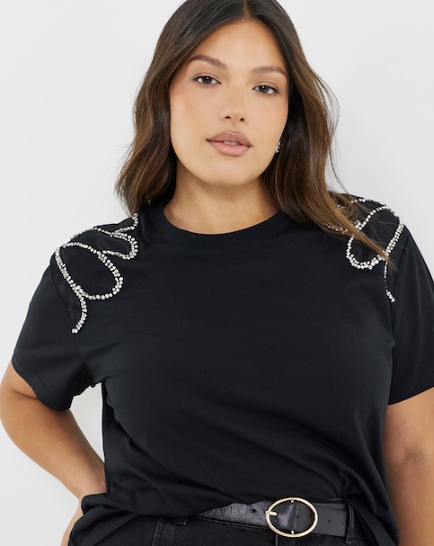 Black Diamante Shoulder Detail T-Shirt