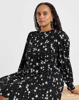 Star Print Supersoft Skater Dress With Shirred Cuff