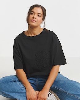 Simply Be Black Broderie Pocket T-Shirt