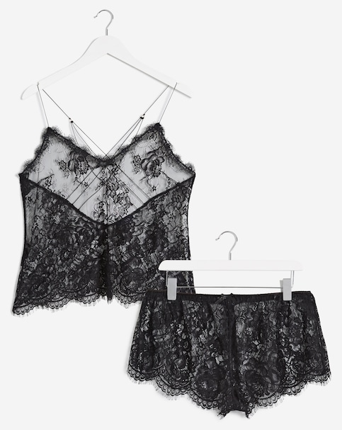 Figleaves Gigi Galloon Lace Cami and Short Set - Black