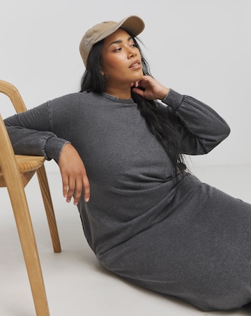 Acid Wash Midi Sweatshirt Dress With Pockets