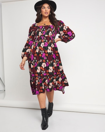 Emma Mattinson Floral Print Square Neck Shirred Waffle Tiered Midi Dress