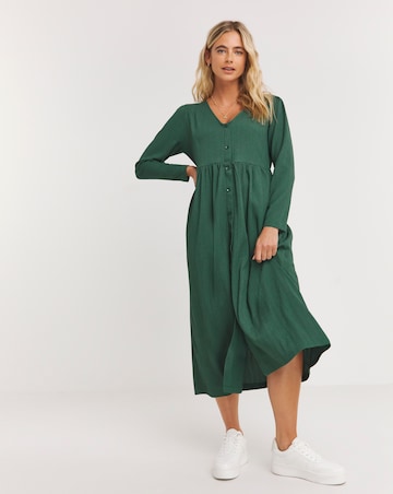 Green Waffle Button Up Midi Dress With Pockets