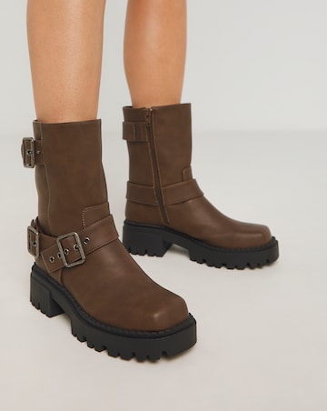 Stevie Multi Buckle Chunky Ankle Biker Boots Extra Wide EEE Fit