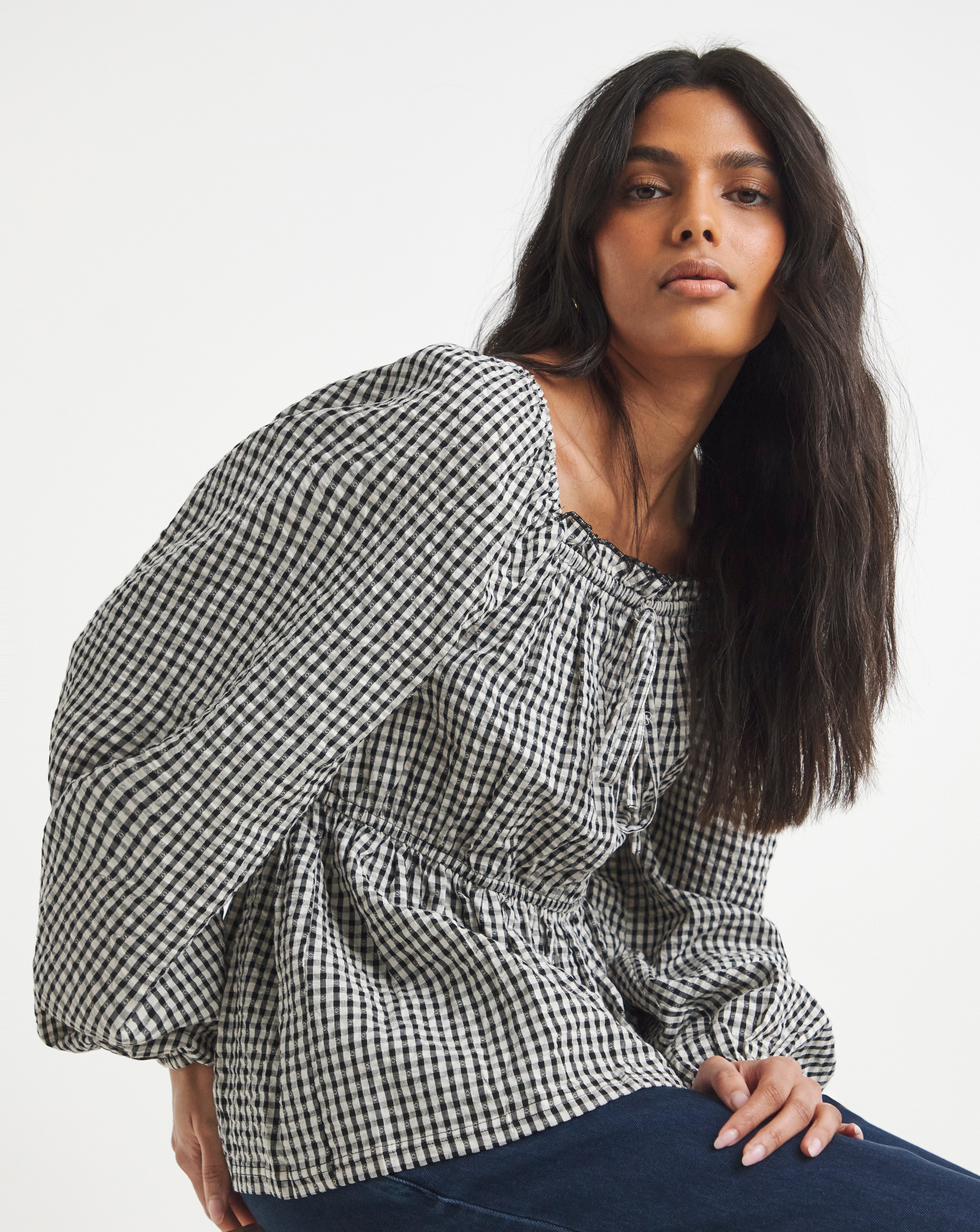 Seersucker Gingham Square Neck Blouse | Simply Be