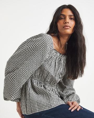 Seersucker Gingham Square Neck Blouse