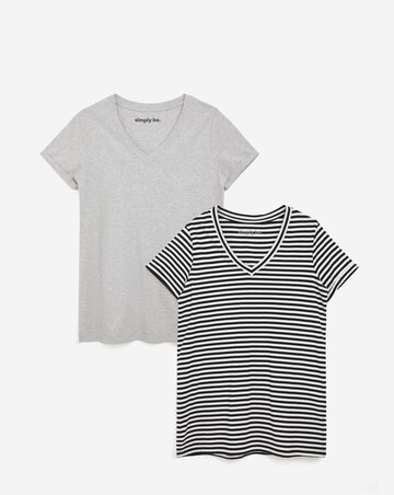 Grey Marl & Stripe 2 Pack V Neck Longline T-Shirts