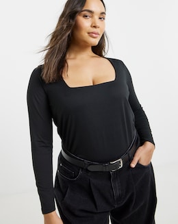 Black Long Sleeve Square Neck Top