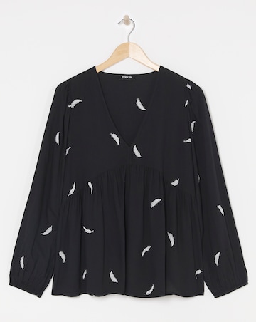 Feather Embroidered Puff Sleeve Blouse