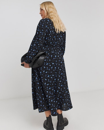 Blue Print Button Through V Neck Midi Dress