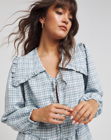 Blue Checked Collared Tie Front Smock Dress