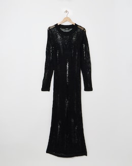 Black Crew Neck Ladder Knitted Dress