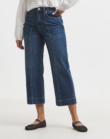 Mid Blue Cropped Wide Leg Pintuck Jeans