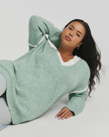 Green Contrast Tipped V Neck Longline Jumper
