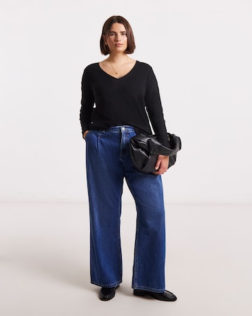 Simply Be Black Slash Neck Rib Top with Lace Sleeve Detail