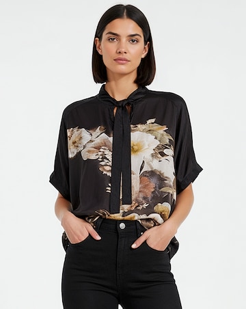 Religion Tie Neck Floral Graphic Blouse