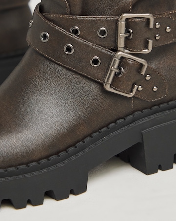 Hendrix Chunky Buckle Calf Height Biker Boots - Wide Fit (E) & Super Curvy Calf