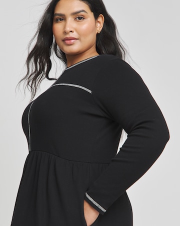 Black Ribbed Contrast Seam Midi Dress With Pockets