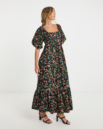 Simply Be Fruit Print Square Neck Cotton Poplin Maxi Dress