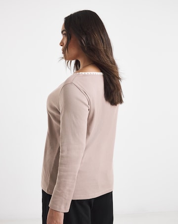 Mocha Ribbed Henley Top with Whipstitching