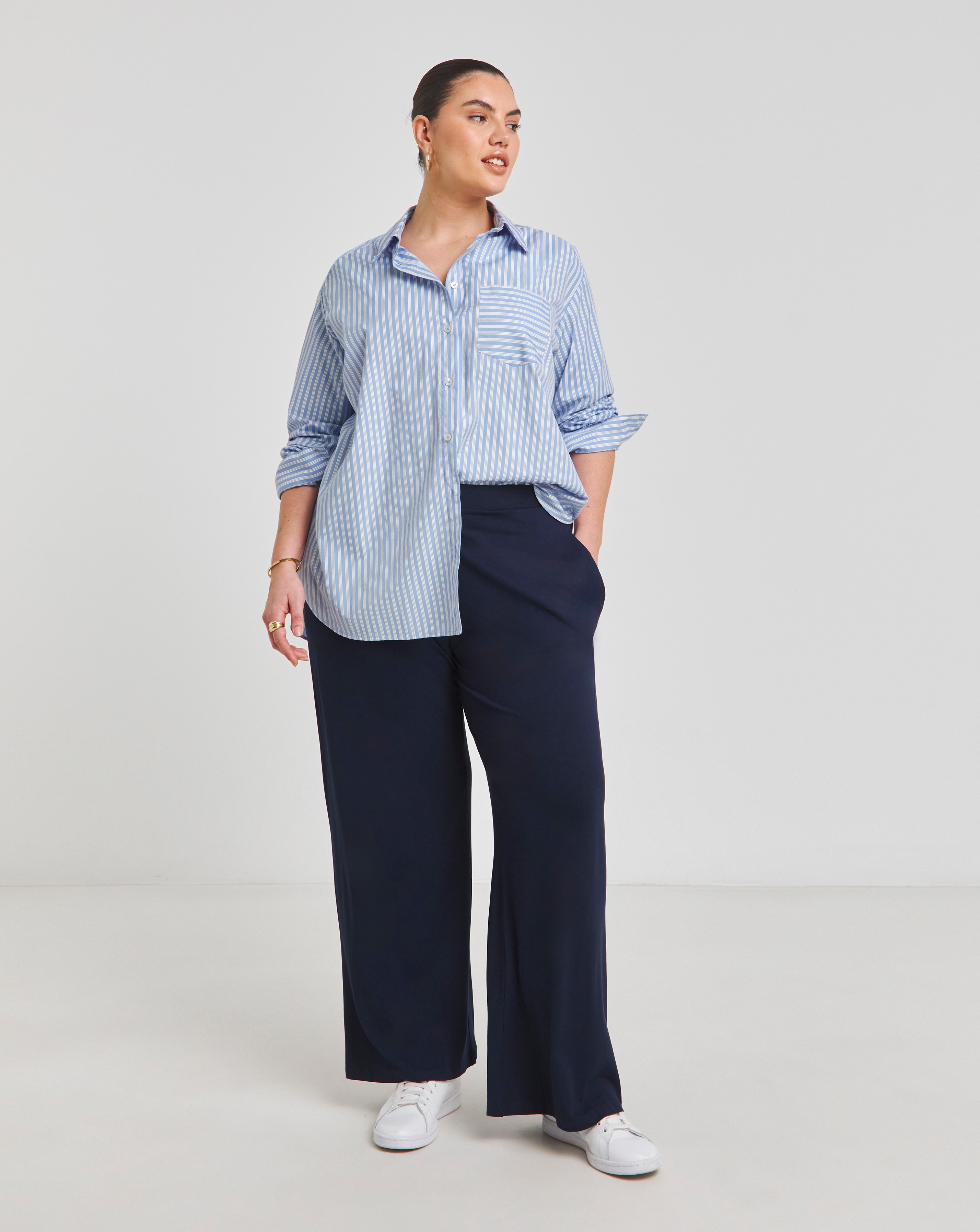 Navy Jersey Elasticated Waist Wide Leg Trouser