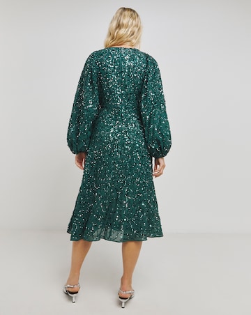 Maya Curve All Over Sequin Embellished Puff Sleeve Midi Dress