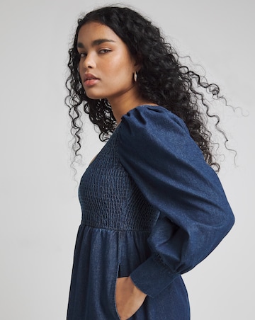 Dark Blue Denim Shirred Maxi Smock Dress