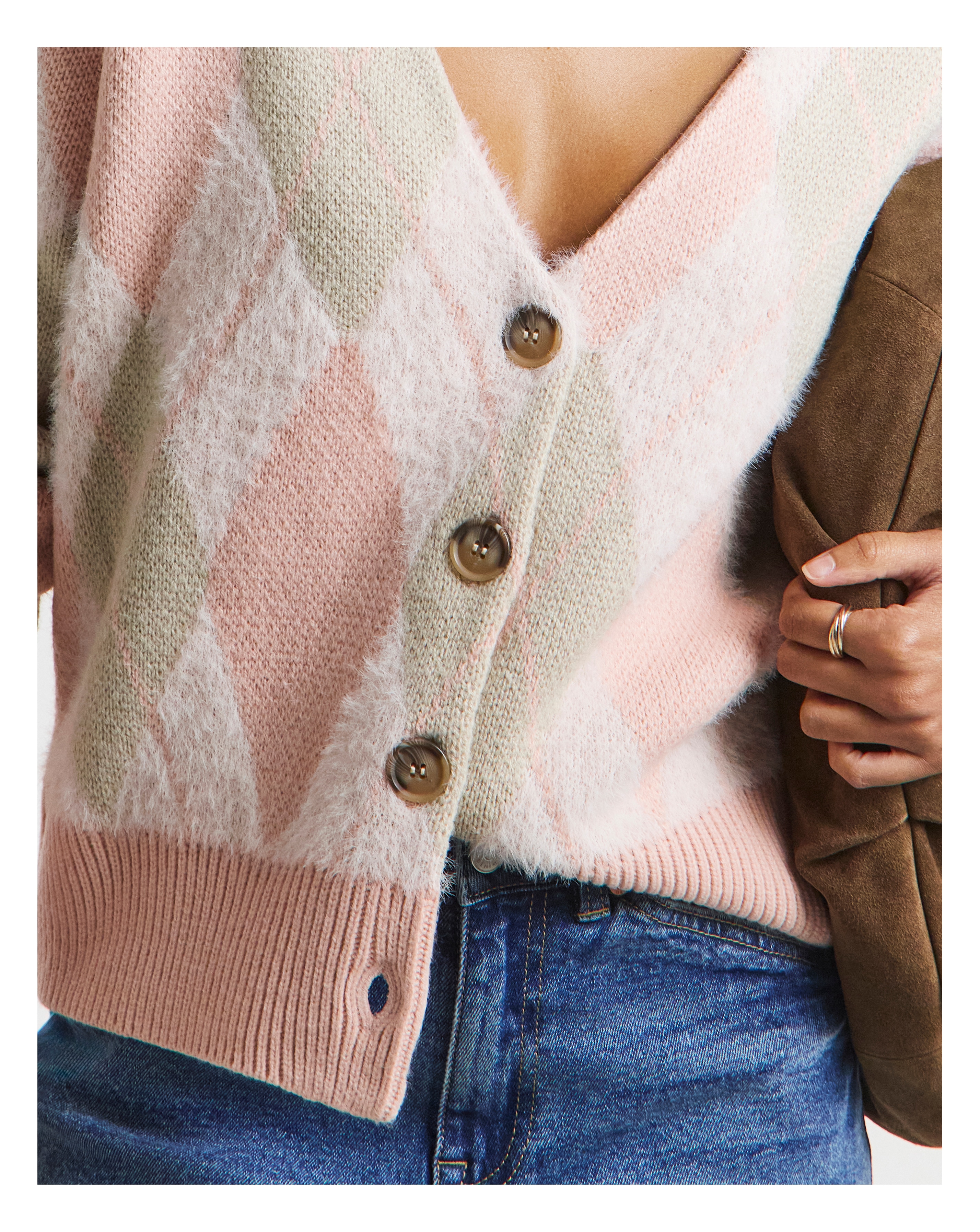 Simply Be Pink Fluffy Argyle Boyfriend Cardigan Simply Be