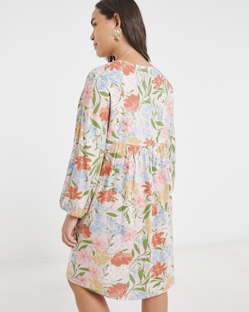 Floral Printed Linen Blend Smock Dress