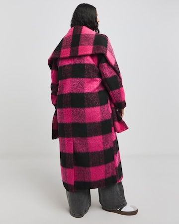 Pink Blanket Check Faux Wool Maxi Scarf Coat