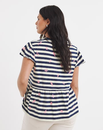 White & Blue Stripe Embroidered Seaside Peplum Top