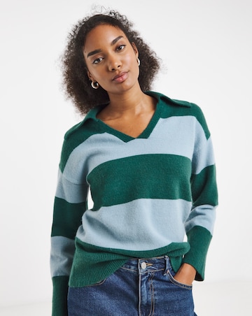 Simply Be Snug Green/Blue Stripe Rugby Collared Knitted Jumper