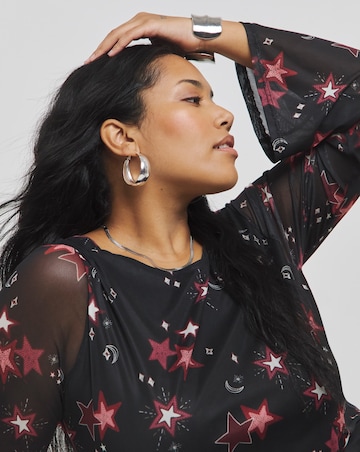 Star Printed Long Sleeve Scoop Back Mesh Maxi Dress