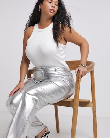 Silver Metallic PU Straight Leg Trousers